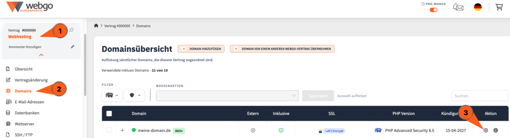 &Uuml;ber das webgo Kundenportal k&ouml;nnen Sie die Domains in Ihrem Vertrag ansteuern.