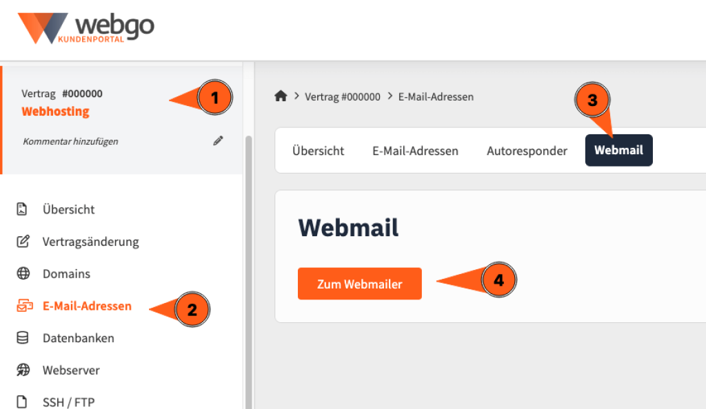 Screenshot aus dem webgo Kundenportal. Es zeigt den Vertragsmenü, worüber man auf "E-Mail-Adresse" gehen kann. Dort erscheint ein Tab-Menü, wo man auf "Webmail" klickt. Anschließend klickt man auf den Button mit der Aufschrift "Zum Webmailer".