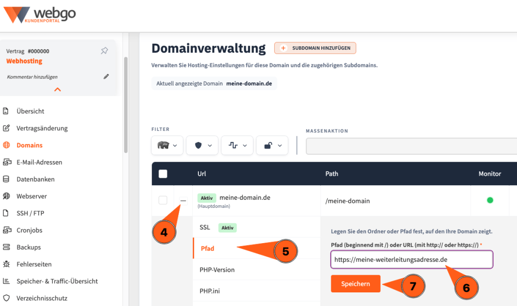 Screenshot der webgo Domainverwaltung mit markiertem Pfad-Feld zum Hinterlegen einer 301-Weiterleitung im Kundenportal.