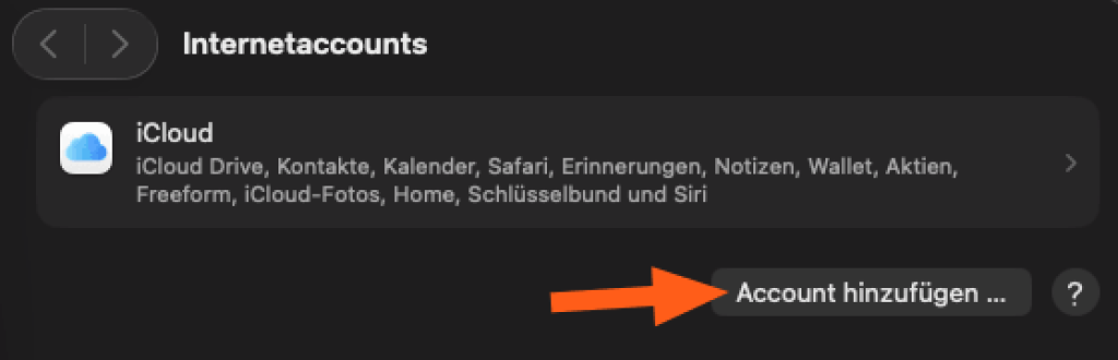Screenshot aus den Internetaccounts-Einstellung. Ein Pfeil zeigt auf den BUtton "Account hinzuf&uuml;gen".