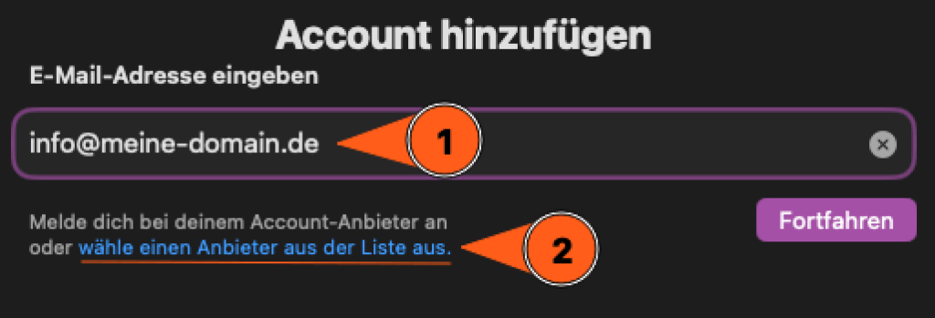 Screenshot aus Apple Mail mit einem Eingabefeld f&uuml;r die E-Mail-Adresse. Ein Pfeil zeigt, dass man danach darunter auf den blauen Textlink "w&auml;hle einen Anbieter aus der Liste aus" anklicken muss.