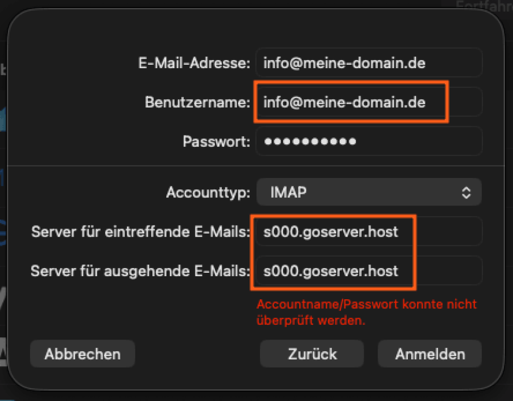 Screenshot aus Apple Mail, mit der Einstellungsansicht zum einrichten eines Postfaches. Die Abfrage E-Mail-Adresse, Benutzername, PAsswort, Accounttyp (was auf IMAP eingestellt ist), Server f&uuml;r eintreffende E-Mails und ausgehende E-Mails. Diese Eintr&auml;ge sind alle korrekt ausgef&uuml;llt.