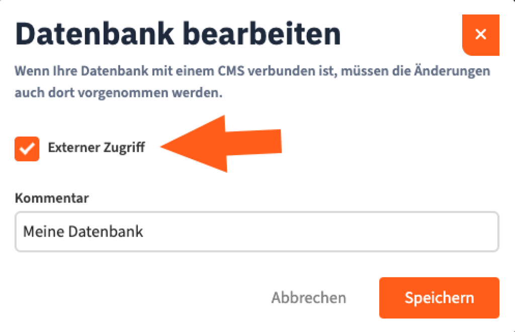 Dialog &bdquo;Datenbank bearbeiten&ldquo; im webgo Kundenportal mit aktivierter Option &bdquo;Externer Zugriff&ldquo; und Eingabefeld f&uuml;r ein Kommentar.