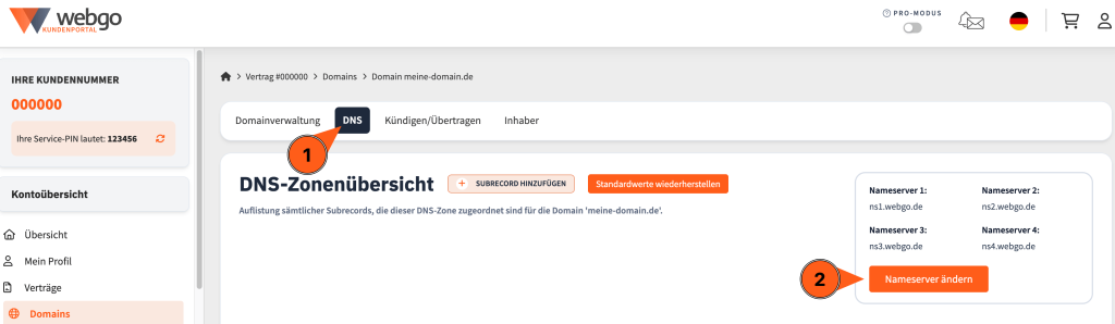 Screenshot aus dem webgo Kundenportal. &Uuml;ber die Domainverwaltung kann man in den DNS Einstellungsseite die Nameserver &auml;ndern.