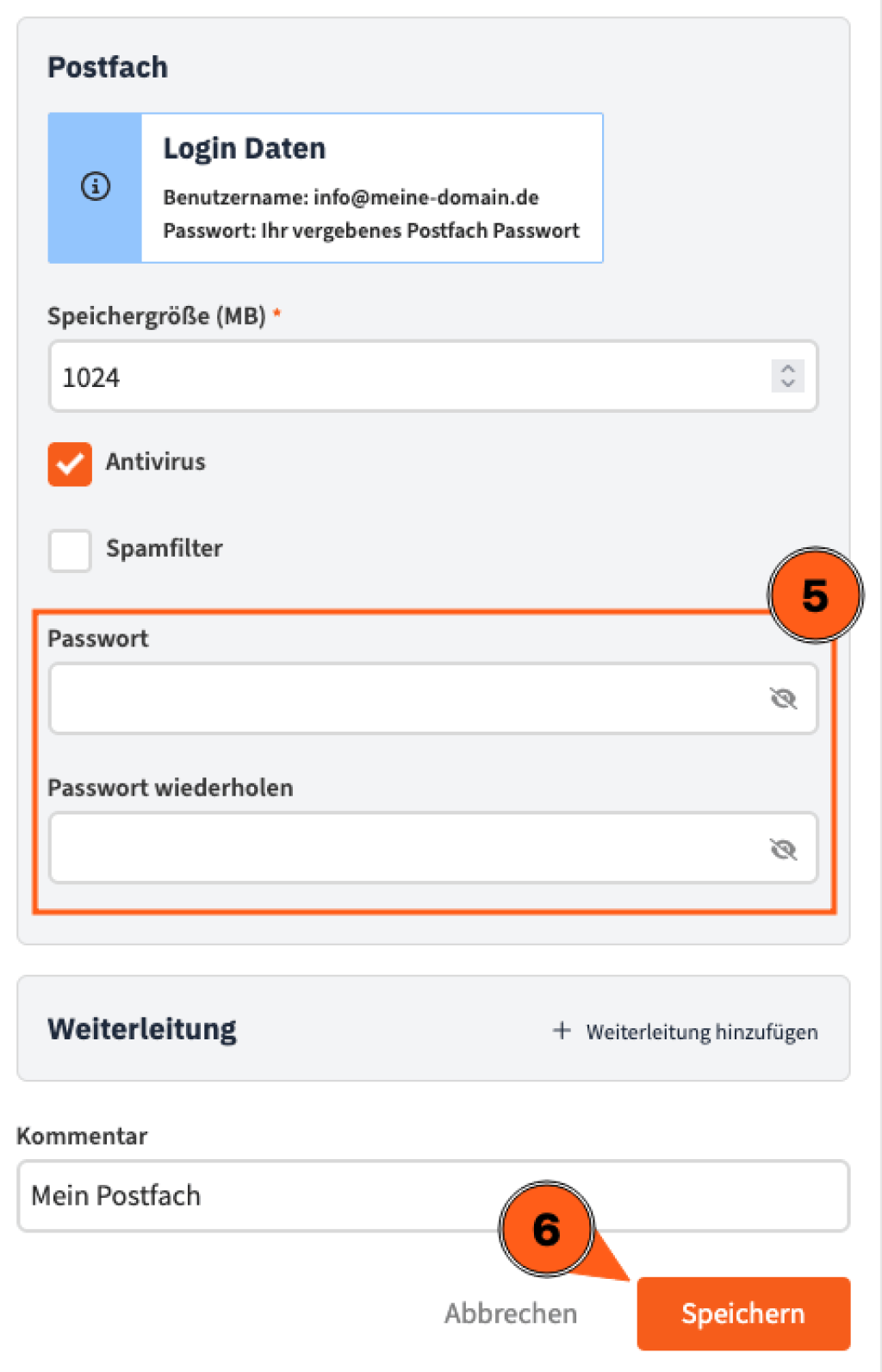 Formular im Kundenportal zum &Auml;ndern des E-Mail-Passworts mit Eingabefeldern f&uuml;r neues Passwort und Speichern-Button.