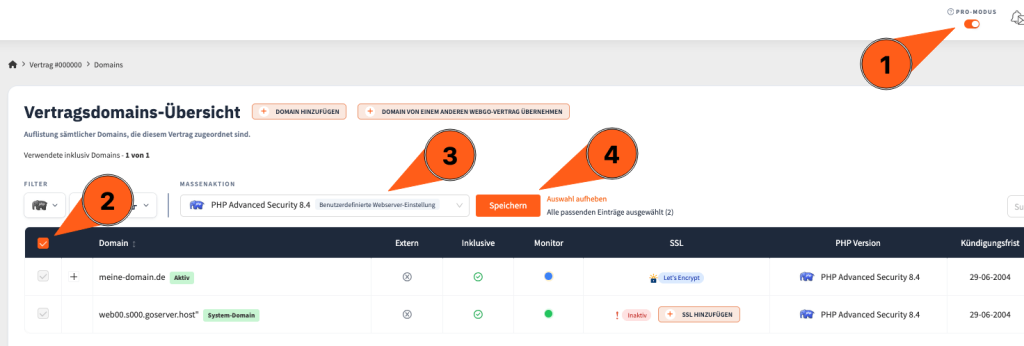 Im webgo Kundenportal Pro-Modus aktivieren, Domain ausw&auml;hlen, PHP-Version per Massenaktion festlegen und speichern.