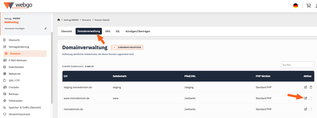 Screenshot aus dem webgo Kundenportal, welches vorzeigt wie man innerhalb einer Domain-Einstellung in die Domainverwaltung zugreifen kann um dort eine Domain zu bearbeiten für z. B. ändern des Zielpfad oder PHP-Version pro Domain.