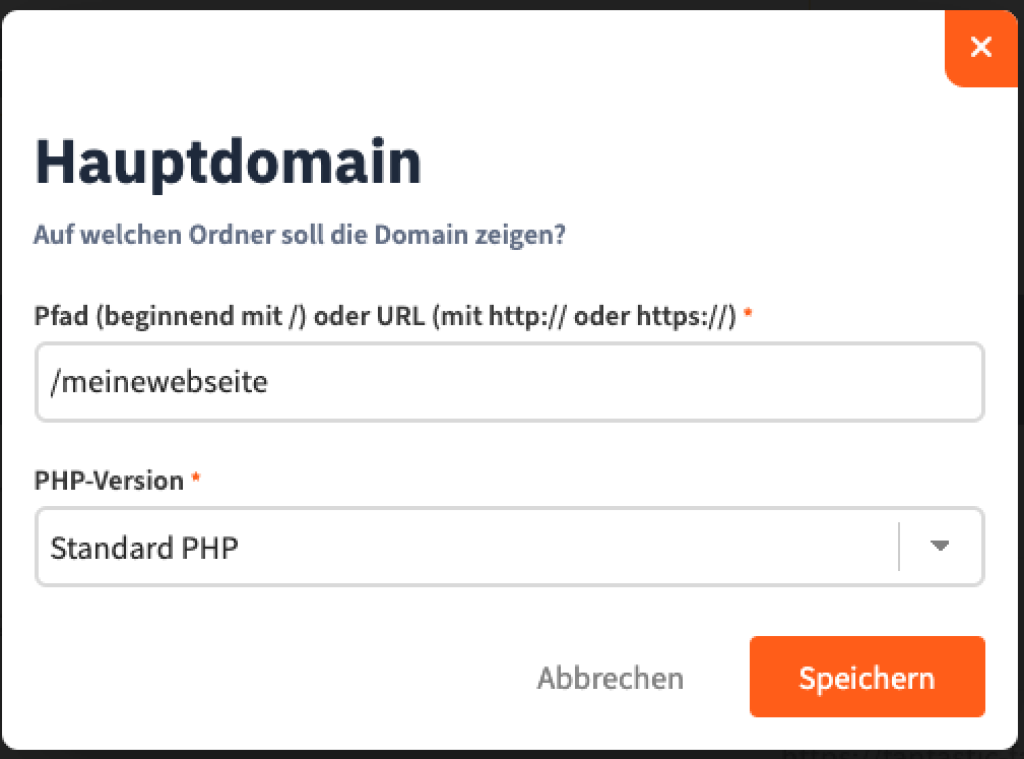 Screenshot der Domaineinstellung, worüber man den Verzeichnispfad hinterlegen kann sowie die gewünschte PHP-Version für diese Domain.