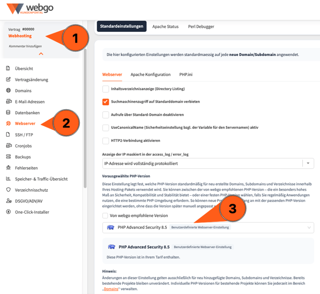Screenshot des webgo Kundenportal zeigt den Werdegang zur Einstellungsseite um die PHP Version zu &auml;ndern. Erst muss man auf den Webhosting-Vertrag, dann auf Webserver, anschlie&szlig;end kann man hier die PHP-Version ausw&auml;hlen und auf Speichern klicken.