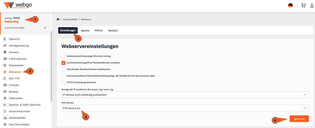 Screenshot des webgo Kundenportal zeigt den Werdegang zur Einstellungsseite um die PHP Version zu ändern. Erst muss man auf den Webhosting-Vertrag, dann auf Webserver, anschließend kann man hier die PHP-Version auswählen und auf Speichern klicken.