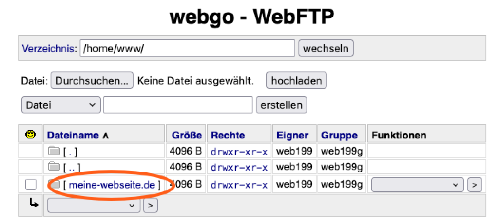 Screenshot aus dem WebFTP, welcher im webgo Kundenportal zu finden ist. Darüber kann man seine FTP-Datein einsehen und verwalten. Hier wird das Verzeichnis "meine-webseite.de" dargestellt.