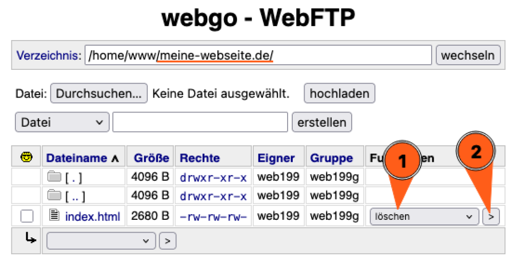 Ansicht aus dem WebFTP. Zu sehen ist die index.html-Datei (der Platzhalterseite) innerhalb des FTP-Verzeichnis. Hier kann man über das Funktion-Menü auf "löschen" gehen und dies dann ausführen.