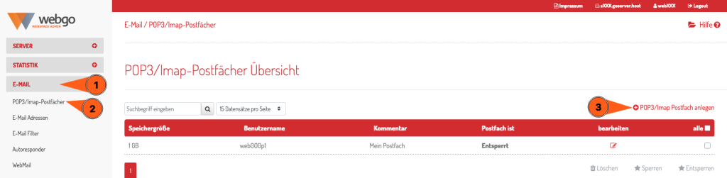 Screenshot des webgo Webspace Admins: Darstellung der Navigation zum Erstellen eines E-Mail-Postfachs. Links ist der Menüpunkt 'E-Mail' geöffnet mit Auswahl 'POP3/Imap-Postfächer'. Rechts oben befindet sich die Schaltfläche 'POP3/Imap Postfach anlegen', um ein neues E-Mail-Postfach manuell einzurichten. Die Seite zeigt zudem eine Übersicht bestehender Postfächer mit Benutzername, Kommentar und Status.