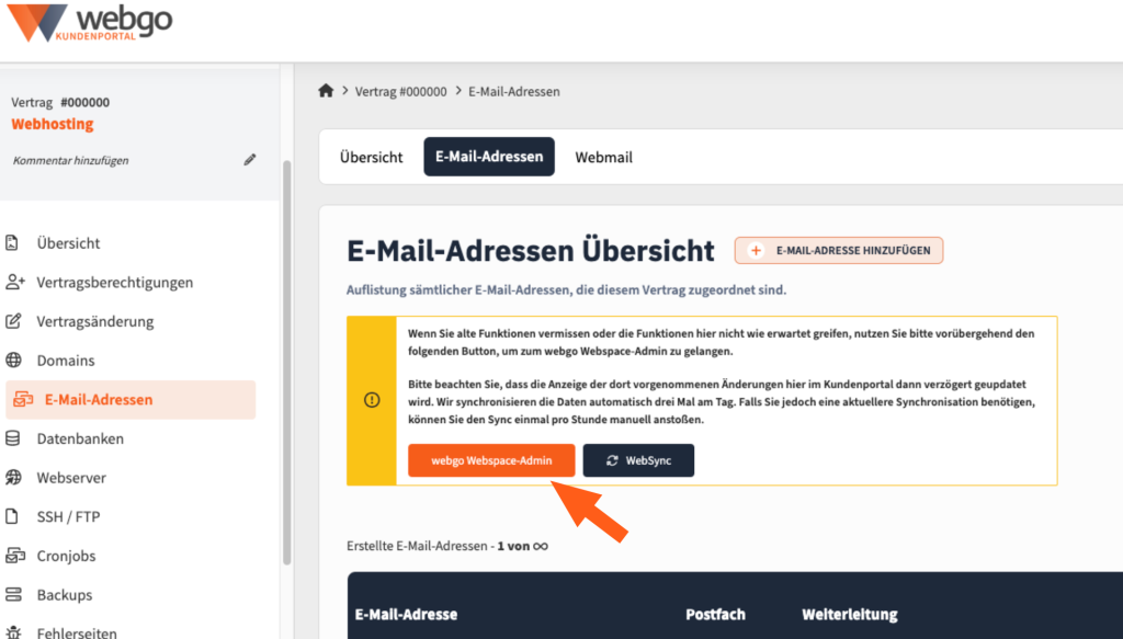 Über den Button in der Info-Meldung kommen Sie jederzeit zum "webgo Webspace Admin".