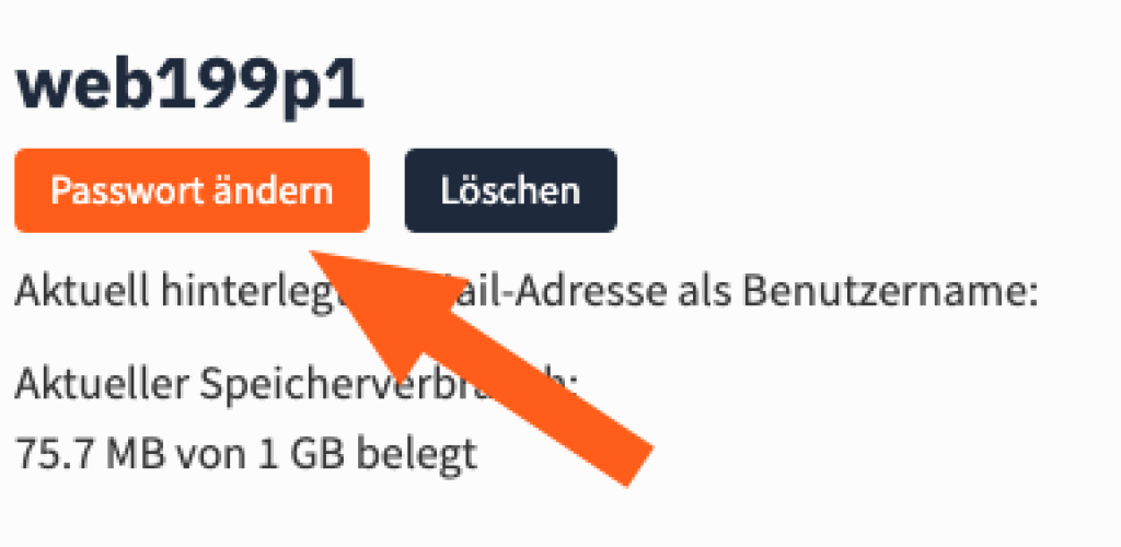 Screenshot eines Postfaches im webgo-Kundenportal mit dem Namen &bdquo;web199p1&ldquo;. Ein markierter orangefarbener Pfeil zeigt deutlich auf den Button &bdquo;Passwort &auml;ndern&ldquo;, der zum &Auml;ndern des Postfach-Passworts genutzt wird. Daneben befindet sich der Button &bdquo;L&ouml;schen&ldquo;. Unterhalb stehen Informationen zur hinterlegten E-Mail-Adresse und zum aktuellen Speicherverbrauch.