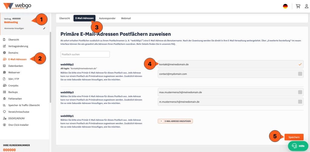 Screenshot aus dem neuen webgo Kundenportal und Ablauf zum einstellen einer primären E-Mail-Adresse: 1. In den Vertragsmenü, 2. Auf "E-Mail-Adressen" klicken, 3. im oberen Tab-Menü erneut auf "E-Mail-Adressen" klicken, 4. Je Zeile ist ein Postfach aufgeführt und daneben alle damit verbundenen E-Mail-Adressen. Eine der E-Mail-Adressen als Primäre Adresse festlegen. Das macht man nun für alle Postfächer. Bei Postfächer ohne E-Mail-Adressen muss man zwingend eine neue E-Mail-Adresse anlegen. 5. Abschließend auf Speichern klicken.