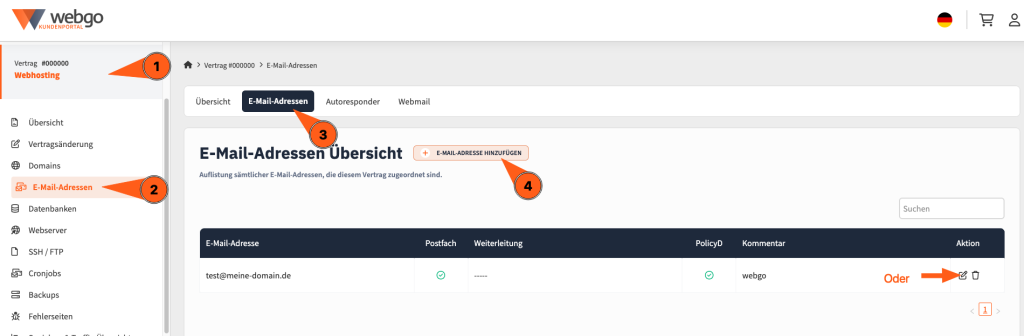 Screenshot aus dem webgo Kundenportal. Zeigt, wie man über die E-Mail-Adressen-Übersichtsseite zu den Postfach-Einstellungen kommt um die Spam- und Virenfilter zu aktiveren.