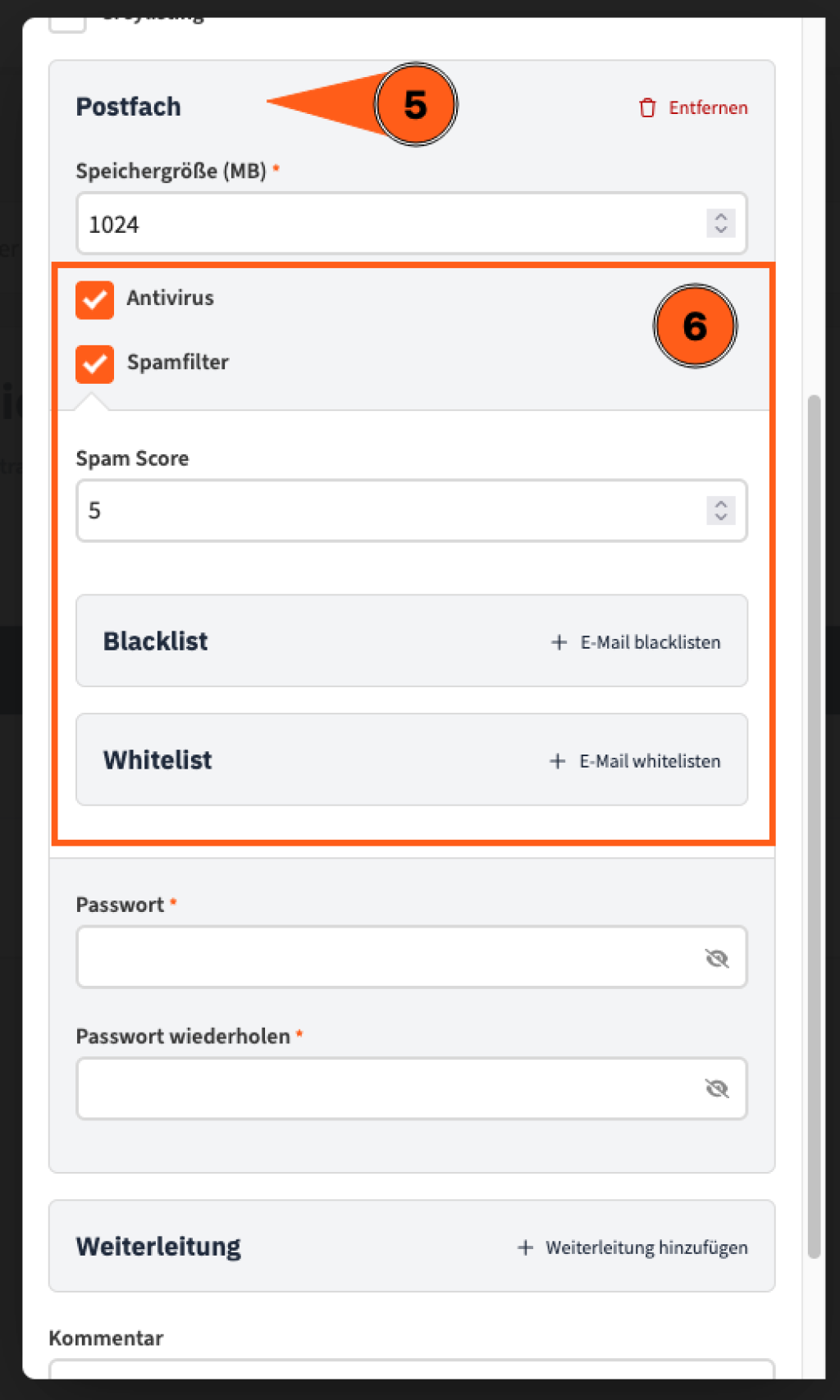Screenshot des Pop-Up-Fensters, wenn man eine E-Mail-Adresse bearbeitet. Es ist zu sehen, wie man bei den Postfach-Einstellungen Antivirus sowie Spamfilter mit einer Checkbox aktivieren kann, sowie den Spam Score, Blacklist und Whitelist definieren kann.