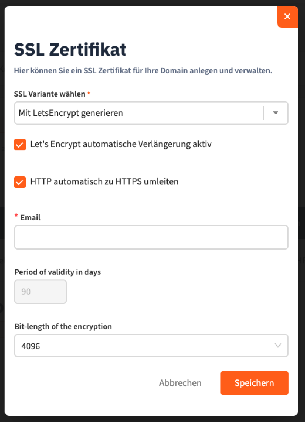 Screenshot eines Pop-Ups aus dem webgo Kundenportal, welches erscheint wenn man ein SSL anlegen will und als Variante LetsEncrypt auswählt.