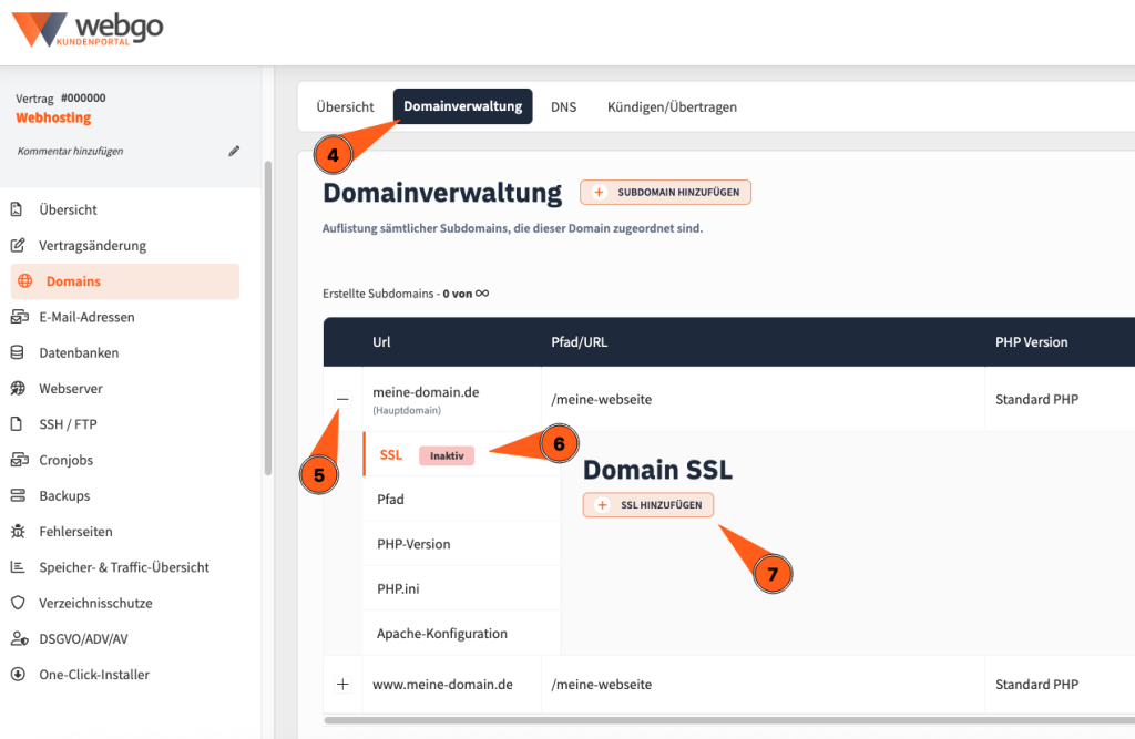 Screenshot aus dem webgo Kundenportal, was die Domainverwaltung anzeigt. Hier kann man u.a. SSL aktivieren.