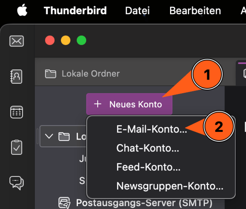 Screenshot aus den Konten-Einstellungen. Es zeigt den Button "Neues Konto" wor&uuml;ber man ein neues E-Mail-Konto anlegen kann.