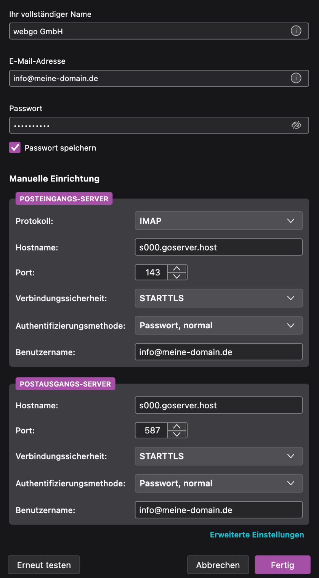 Screenshot aus der Konto-Erstellung in Thunderbird. Es zeigt alle n&ouml;tigen Einstellung bei der manuellen Einrichtung.