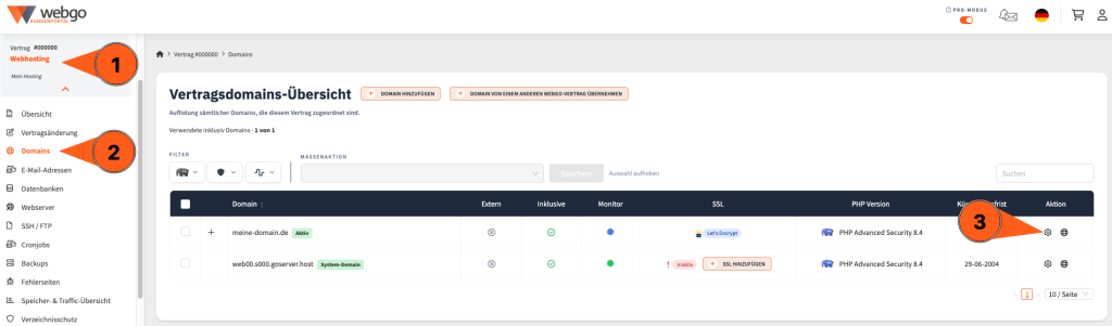 Im webgo Kundenportal unter Webhosting > Domains die gew&uuml;nschte Domain &uuml;ber das Zahnrad zur Bearbeitung &ouml;ffnen.