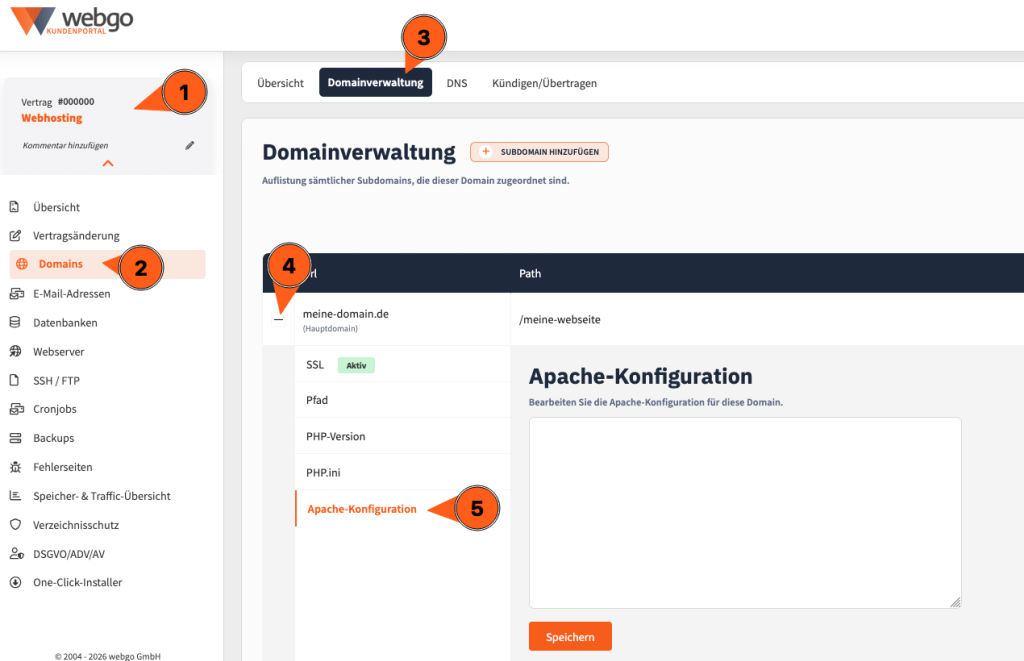 Screenshot des webgo Kundenportals im Bereich Webhosting > Domains > Domainverwaltung mit ausgew&auml;hlter Hauptdomain. Hier auf das Plus-Symbol zum aufklappen des Domain-Men&uuml;s und dort den Men&uuml;punkt &bdquo;Apache-Konfiguration&ldquo; ausw&auml;hlen. Hier ist ein Eingabefeld zur Bearbeitung der Apache-Konfiguration inklusive Speichern-Button.