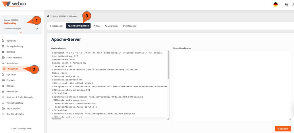 Screenshot des webgo Kundenportals im Bereich Webhosting > Webserver > Apache Konfiguration mit Anzeige der Apache-Server-Voreinstellungen (LogFormat, SSLProtocol, Module) sowie Eingabefeld f&uuml;r eigene Einstellungen und Speichern-Button.
