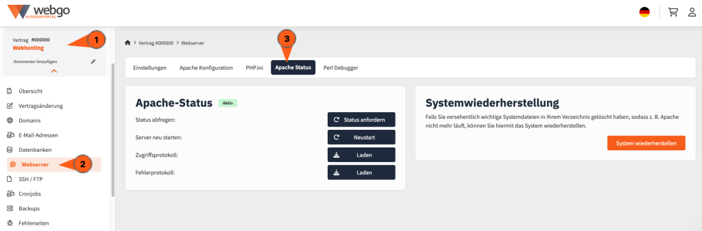 Screenshot des Apache-Status Einstellungsseite im webgo Kundenportal. Hier kann man den Status abfragen, auf einen Zugriffsprotokoll und Fehlerprotokoll zugreifen oder den Apache-Dienst neustarten. Auch kann man hier das komplette Websapce neu starten ("SystemCheck").