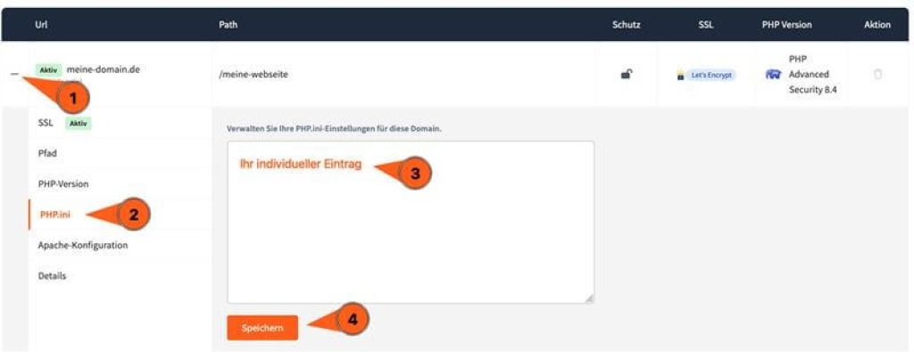webgo Kundenportal: PHP.ini-Einstellungen einer Domain bearbeiten und individuelle PHP-Konfiguration f&uuml;r diese Domain speichern.