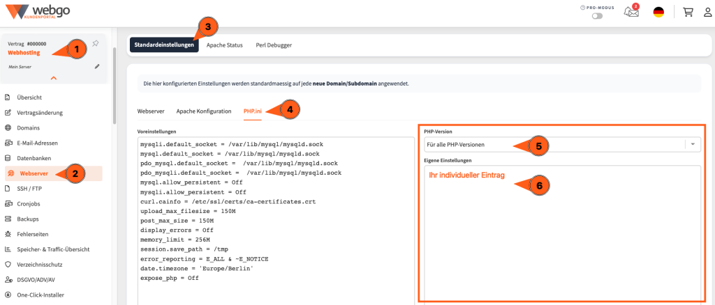 Webgo Kundenportal: Navigation zu den PHP.ini-Einstellungen im Webhosting zur globalen oder versionsspezifischen PHP-Konfiguration.