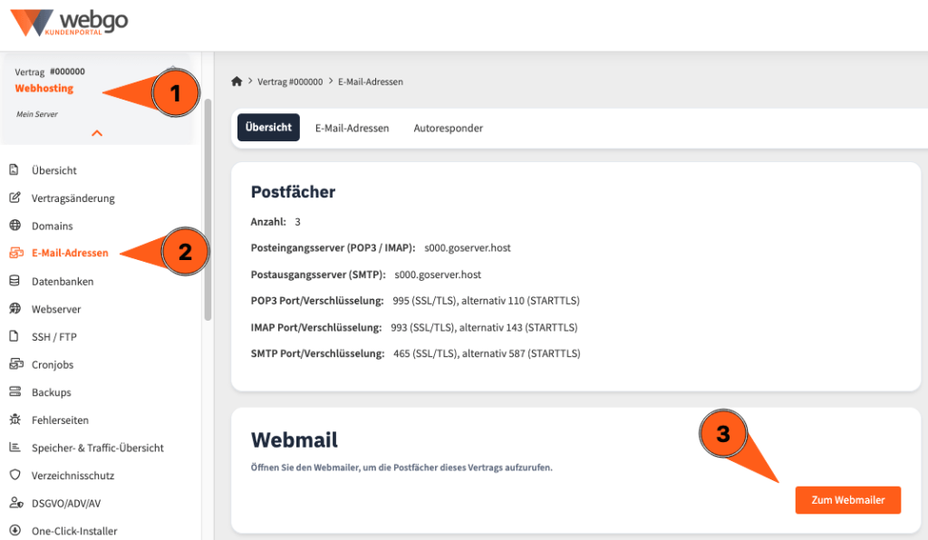 Webgo Kundenportal: Webhosting-Vertrag &ouml;ffnen, &bdquo;E-Mail-Adressen&ldquo; w&auml;hlen und &uuml;ber &bdquo;Zum Webmailer&ldquo; den Webmailer starten.