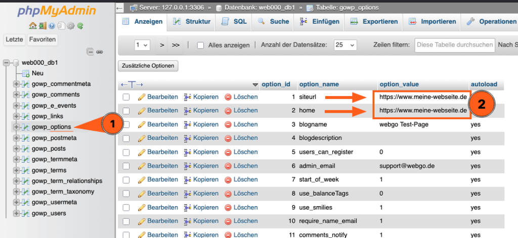Screenshot von phpMyAdmin, der zeigt, wie die WordPress-URL manuell ge&auml;ndert wird: In der Tabelle &bdquo;wp_options&ldquo; werden die Werte der Eintr&auml;ge &bdquo;siteurl&ldquo; und &bdquo;home&ldquo; angepasst.