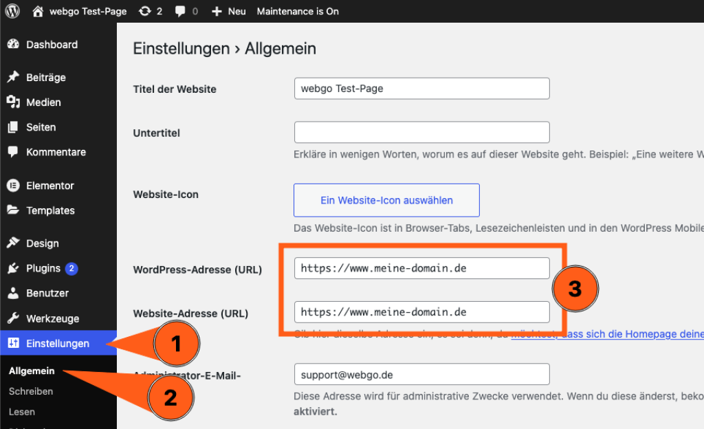 Screenshot des WordPress-Dashboards im Bereich &bdquo;Einstellungen > Allgemein&ldquo;. Markierungen zeigen Schritt 1 &bdquo;Einstellungen&ldquo;, Schritt 2 &bdquo;Allgemein&ldquo; und Schritt 3 die Felder &bdquo;WordPress-Adresse (URL)&ldquo; und &bdquo;Website-Adresse (URL)&ldquo;, in denen die Website-URL ge&auml;ndert werden kann.