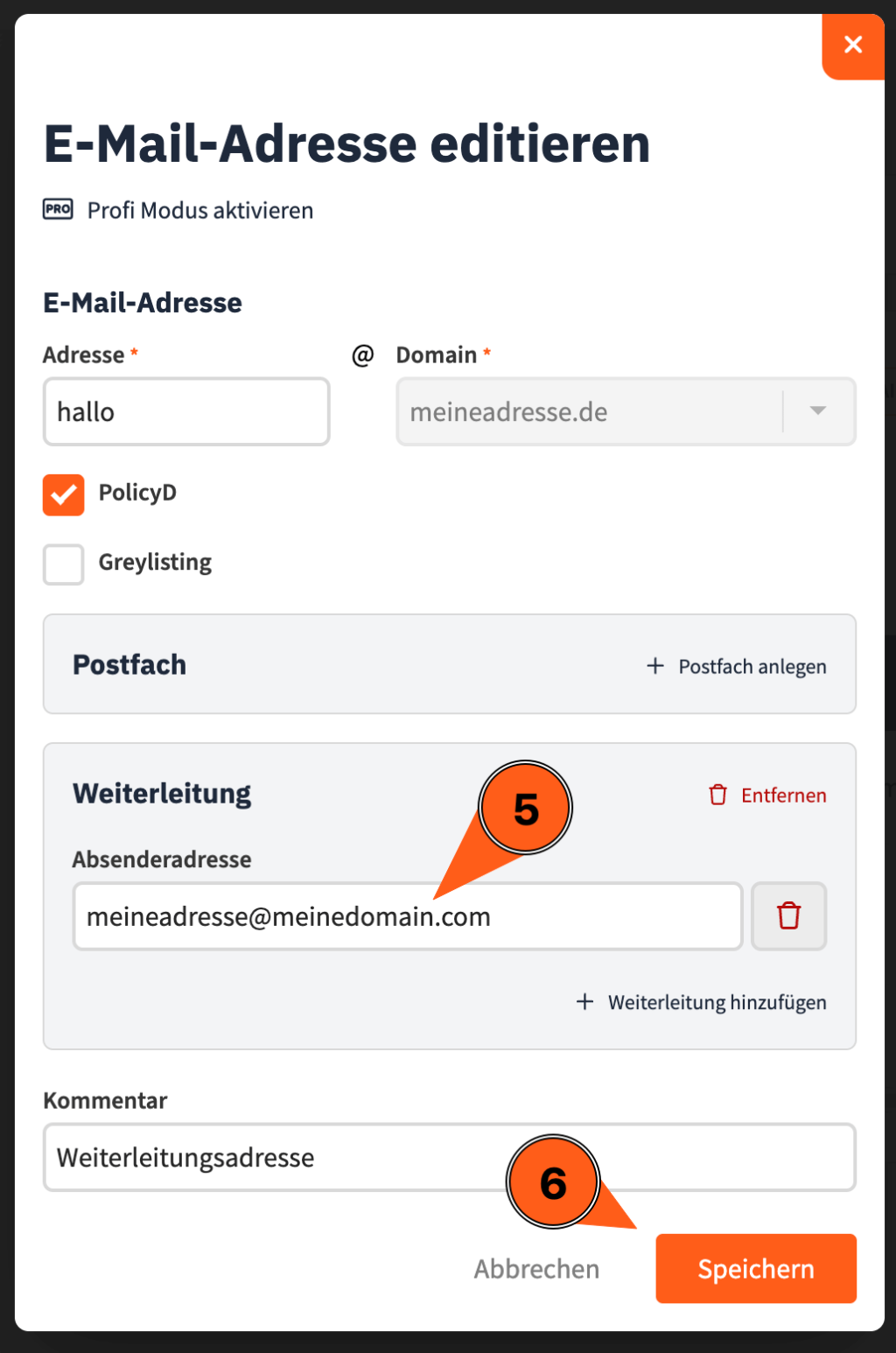 Screenshot der Bearbeitungsansicht einer E-Mail-Adresse. Es ist zu sehen, dass man neben eines E-Mail-Adressen-Alias (z. B. hallo@) auch ein Postfach anlegen kann sowie eine Weiterleitung hinterlegen kann.