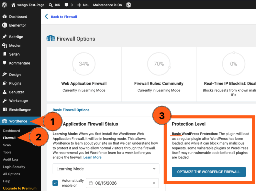Screenshot aus dem webgo Dashboard. Gezeigt wird die Firewall-Einstellung "Protection Level", was hier auf "Basic" eingestellt ist. Empfohlen ist "Extended".