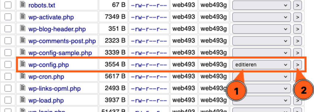 Screenshot aus dem WebFTP, was die wp-config.php-Datei zeigt und wie man "editieren" ausw&auml;hlt.