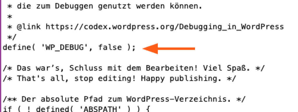 Screenshot aus einer wp-config.php-Datei, welches den Debug-Eintrag zeigt.