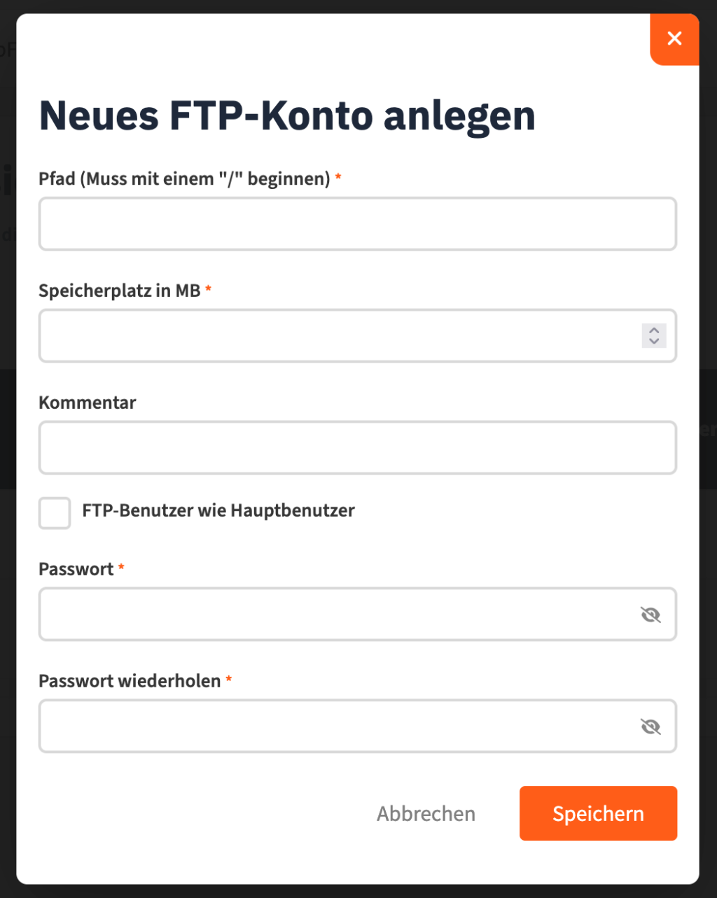 Screenshot von der "Zusatz FTP-Konto anlegen"-Ansicht mit der Eingabeforderung für ein Zielpfad, Speicherplatz in MB, Kommentar und Passwort.