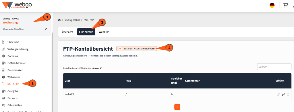 Screenshot der FTP-Kontoübersicht im webgo Kundenportal. Hier können Sie zusätzliche FTP Konten anlegen, womit Sie limitierte Zugriffe über FTP (Port 21) gewähren können.
