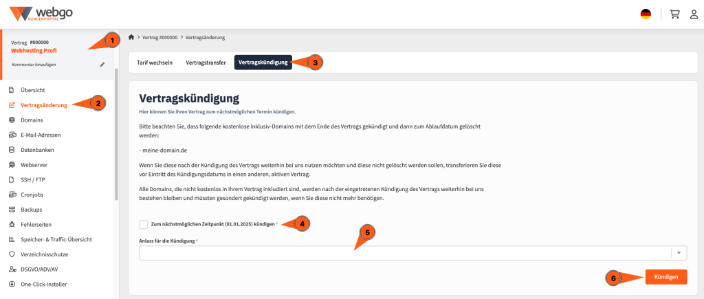 Screenshot des webgo Kundenportals, was vorzeigt, wie man zur Vertragskündigung gelangt. Erst muss man in der linken Navigationsleiste auf seinen Vertrag klicken, dann auf den Menüpunkt "Vertragsänderung", anschließend auf das Tab-Menü "Vertragskündigung". Im hier stehenden Inhaltsbereich wird über die Konsequenzen aufgeklärt, und auch dass betroffene Domains gekündigt werden. Wenn man damit einverstanden ist, setzt man im Inhaltsbereich einen Haken bei "Zum nächstmöglichen Zeitpunkt kündigen". Danach wählt man den Anlass der Kündigung aus. Abschließend klickt man unten-rechts auf "Kündigen".