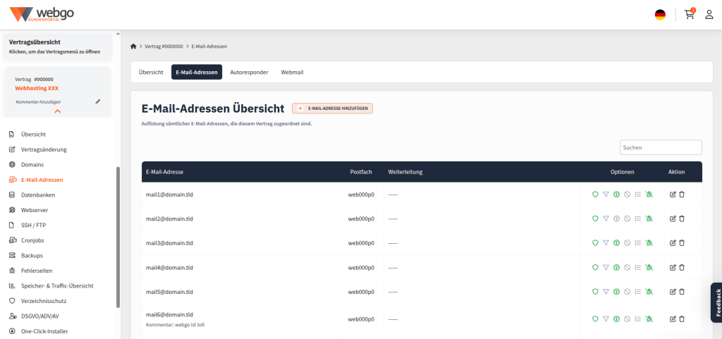 Screenshot der E-Mail-Adressen &Uuml;bersichtsseite aus dem webgo Kundenportal. Dargestellt werden mehrere Postf&auml;cher.