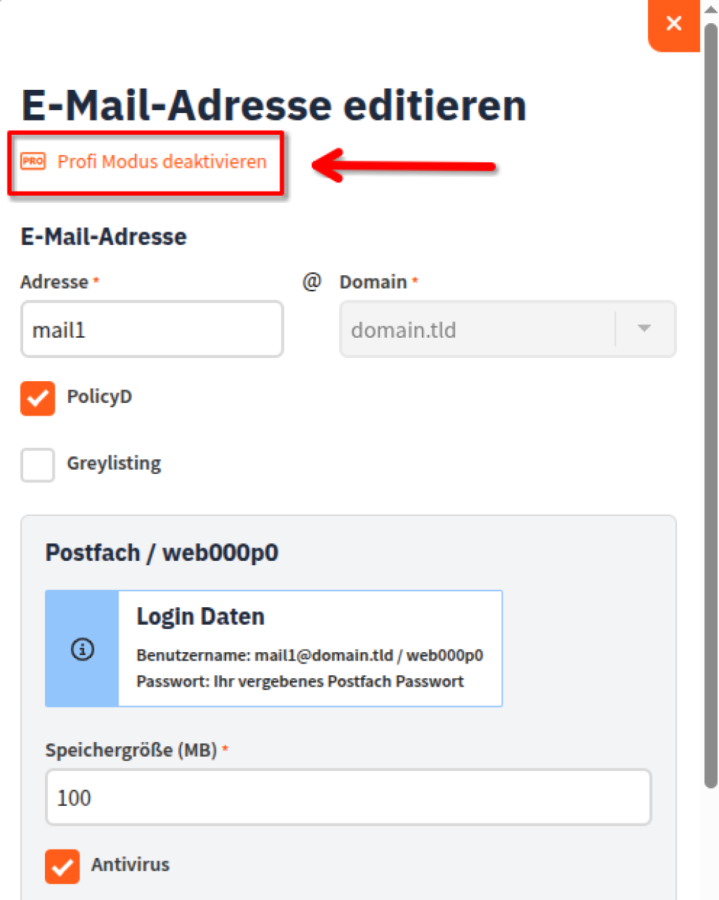 Screenshot der Bearbeitungsansicht einer E-Mail-Adresse, worin mit einem Pfeil auf den auf den Button "Profi Modus deaktivieren" gezeigt wird, welches sich unter der &Uuml;berschrift befindet.