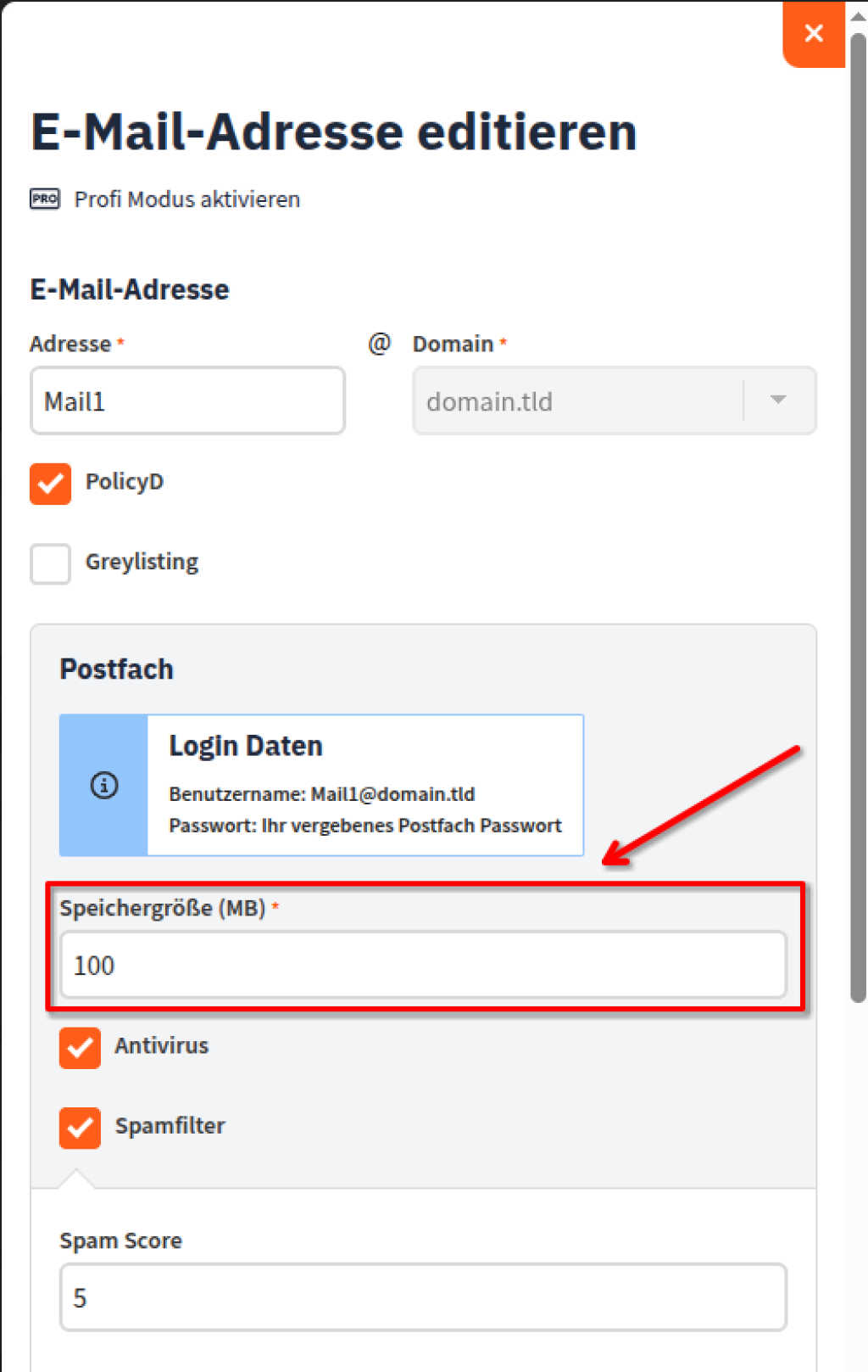 Screenshot aus der Bearbeitungsansicht einer E-Mail-Adresse. Ein Pfeil zeigt auf das Eingabefeld "Speichergr&ouml;&szlig;e (MB)", worin aktuell ein Wert von 100 eingetragen ist. Hier kann man frei die Speichergr&ouml;&szlig;e in MB definieren. Zur Verf&uuml;gung steht der Gesamtspeicher des Webspace.