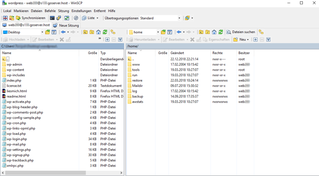 Ansicht der Commander-Ansicht in WinSCP, in welcher die Datenstruktur in zwei Bereiche aufgeteilt ist. Links sind alle lokale Dateien einsehbar und im rechten Bereich die Daten auf dem Server.