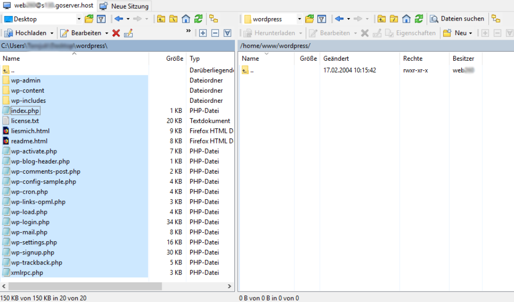 Ansicht aus dem WinSCP, in welcher im linken Bereich alle lokalen Dateien markiert werden.
