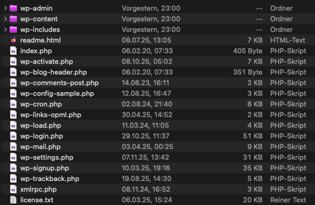 Datei&uuml;bersicht einer WordPress-Installation mit Ordnern wp-admin, wp-content, wp-includes sowie PHP-Dateien wie wp-config.php und index.php im Verzeichnisbaum.