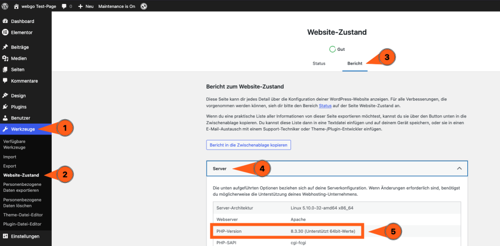 Screenshot aus dem WordPress-Adminbereich, der zeigt, wo im Bereich &bdquo;Website-Zustand &rarr; Bericht &rarr; Server&ldquo; die aktuelle PHP-Version angezeigt wird.