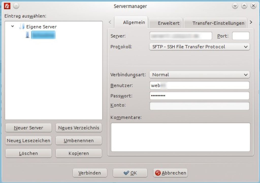Über den Servermanager können Sie sich auf Ihren Webserver verbinden.